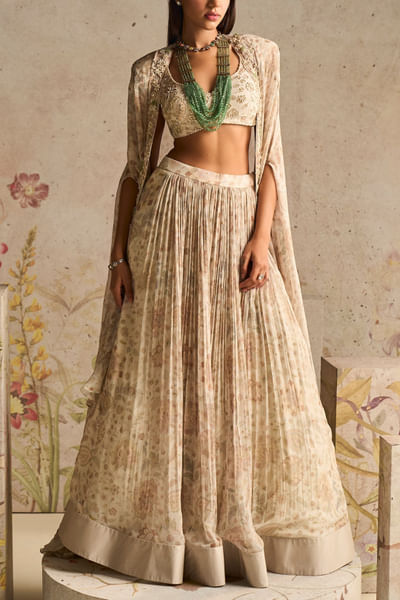 Ivory printed chiffon cape set