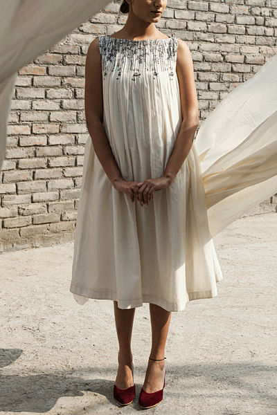 Ivory printed pleated dress