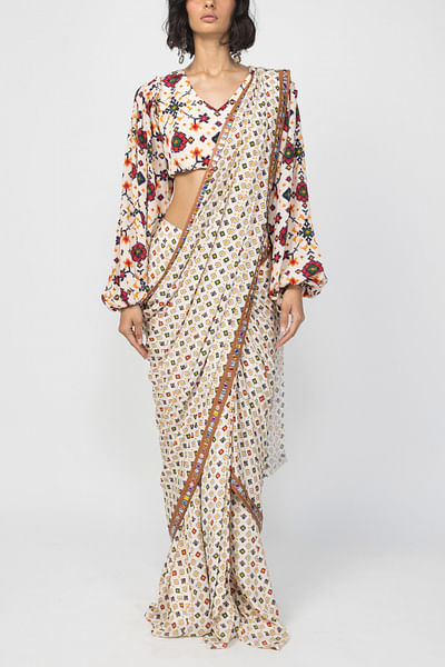 Ivory printed pre-stitched sari set