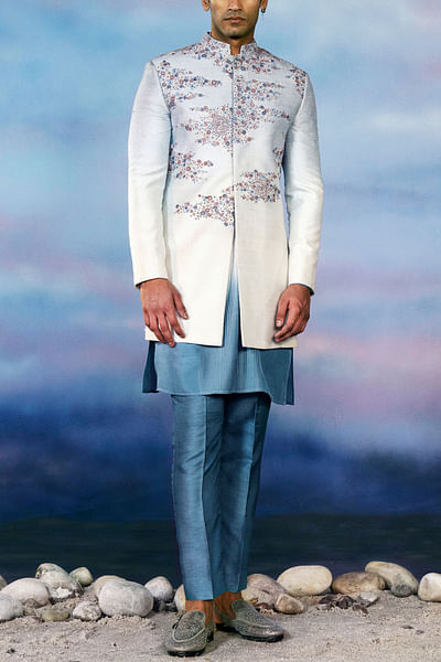 Ivory printed short sherwani set