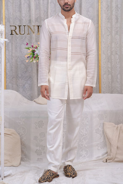 Ivory pulled thread work short shirt kurta set