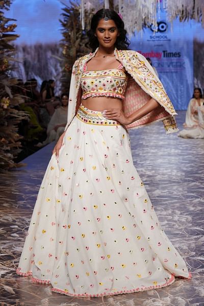 Ivory resham and mirror embroidery jacket lehenga set