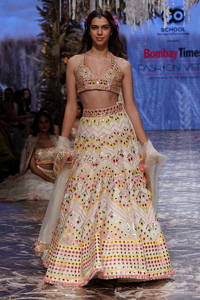 Ivory resham and mirror embroidery lehenga set