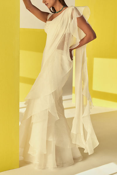 Ivory ruffled draped sari set