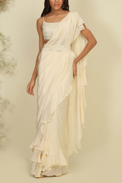 Ivory ruffled pre-stitched saree set