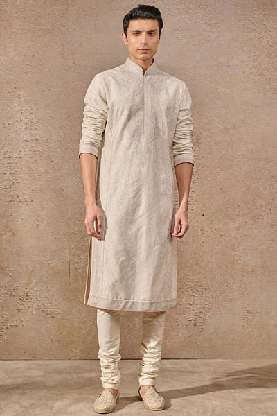Ivory self-textured floral paisley kurta set