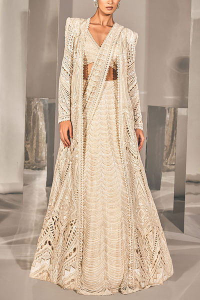 Ivory Sequin and bugle embroidered jacket sari set