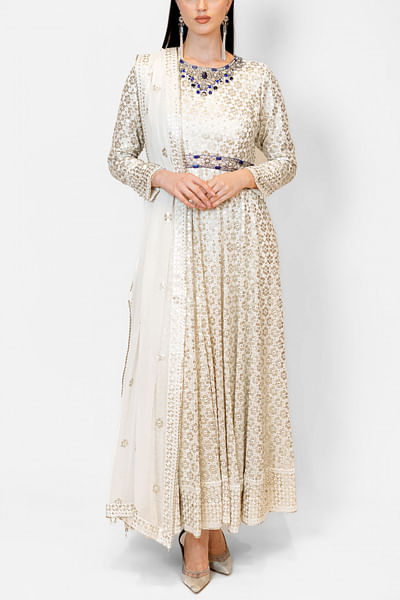 Ivory sequin and cutdana embellished anarkali set