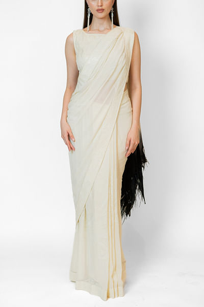 Ivory sequin and feather embellished sari set
