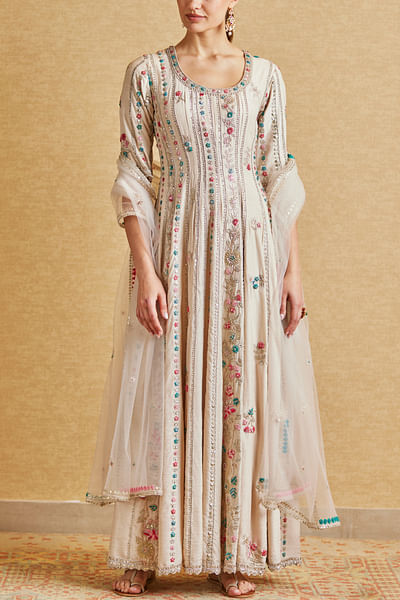 Ivory sequin and thread embroidered anarkali set