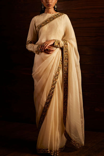 Ivory sequin embroidered woven sari set