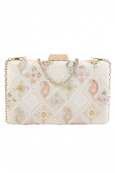 Ivory sequin embroidery box clutch