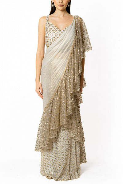 Ivory sequin embroidery frill lehenga sari set