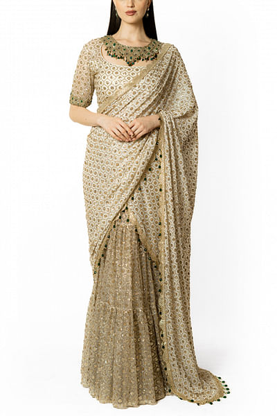 Ivory sequin embroidery lehenga sari set