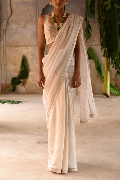 Ivory stripe embroidery sari set