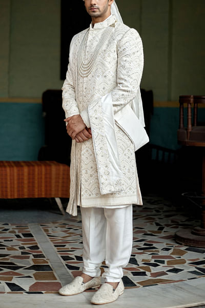 Ivory thread and sequin embroidery sherwani set