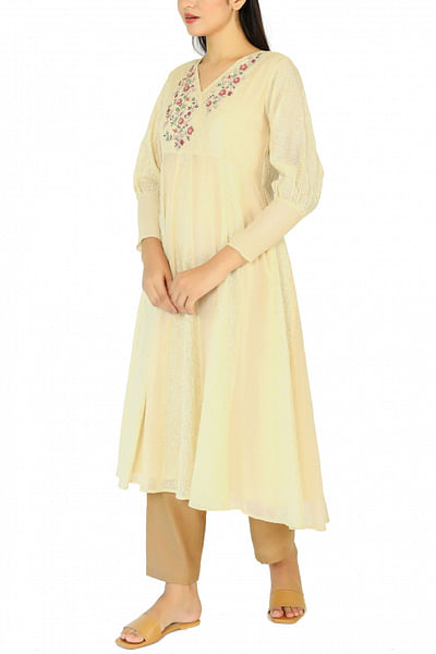 Ivory thread embroidered tunic set