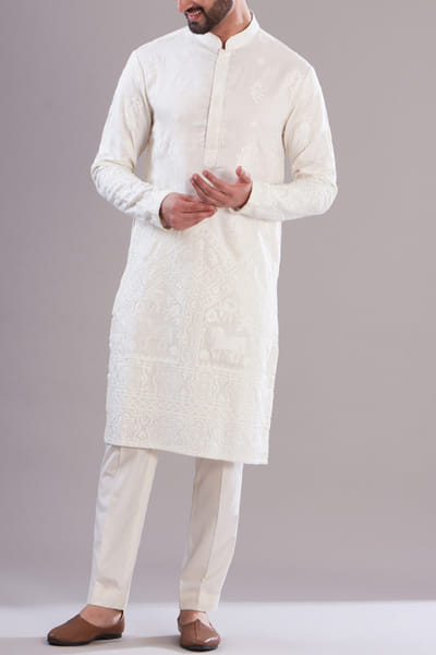 Ivory thread embroidery silk kurta