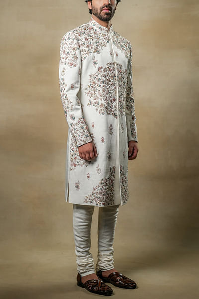 Ivory zari and resham embroidery sherwani set