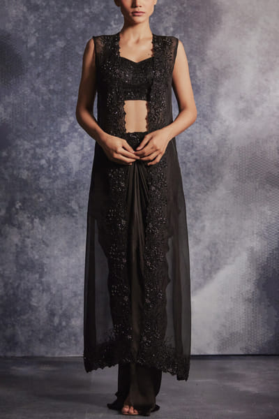 Varun Chakkilam Jade black floral bead embroidery jacket set VACNOV23IL28