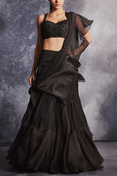 Varun Chakkilam Jade black pre-draped ruffle sari set VACNOV23IL29