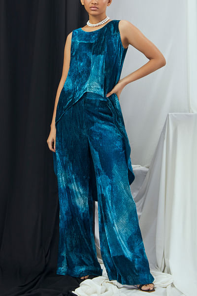 Jade blue blotch print asymmetric tunic set