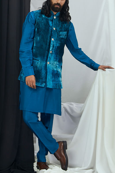 Jade blue blotch print bandi kurta set