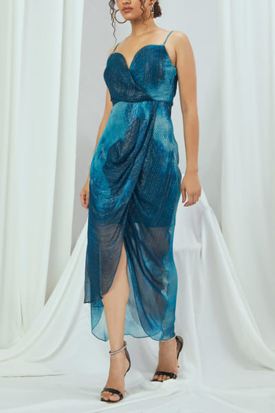 Jade blue blotch print draped dress