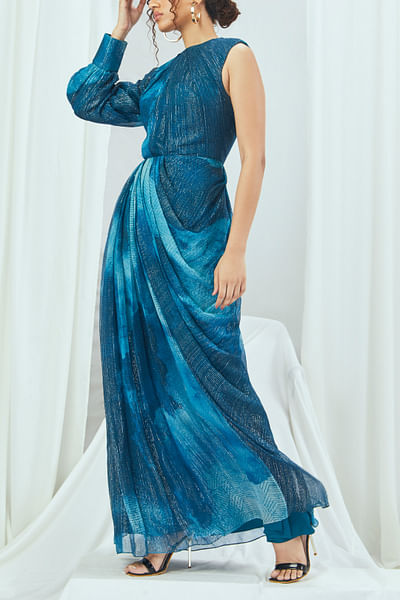Jade blue blotch print draped gown