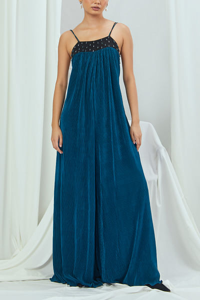 Jade blue embroidered jumpsuit