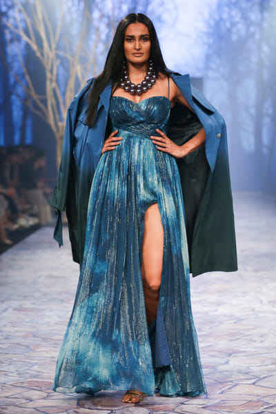 Jade blue geometric print gown