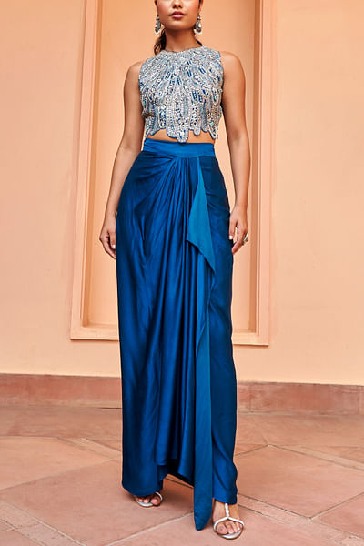 Jade blue zardozi embroidery draped skirt set