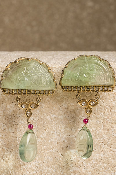 Jade fluorite and zircon embellished drop earrings