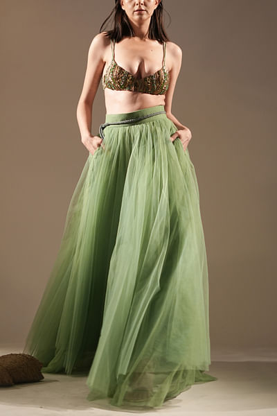 Jade green volumised tulle skirt