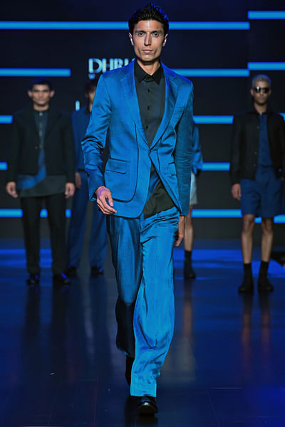 Jewel blue viscose satin suit set