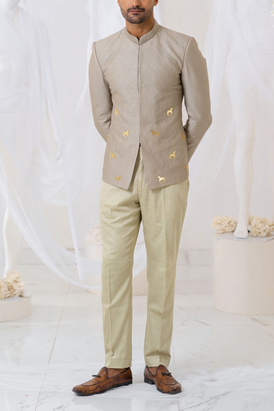 Khakhi grey motif embroidered Jodhpuri set