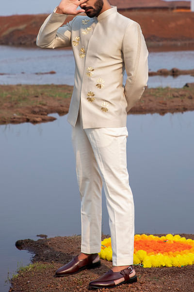 Khakhi lotus motif embroidered Jodhpuri set