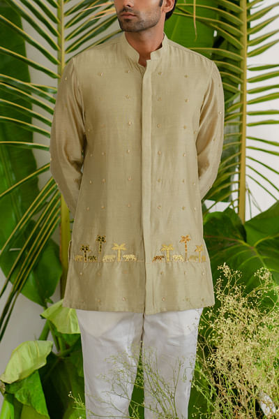 Khaki tiger motif embroidery short kurta set