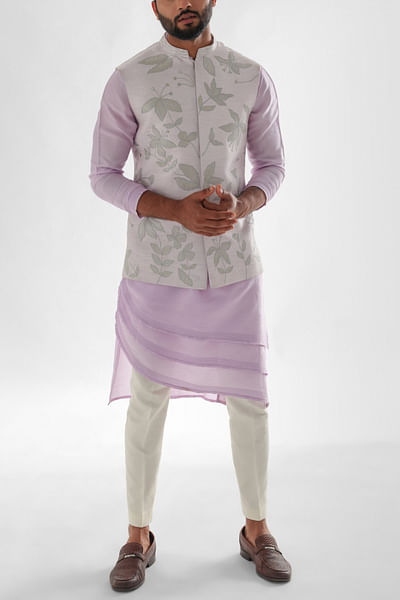 Lavender floral and leaf applique Nehru jacket set