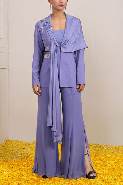 Lavender floral embroidery draped jacket set