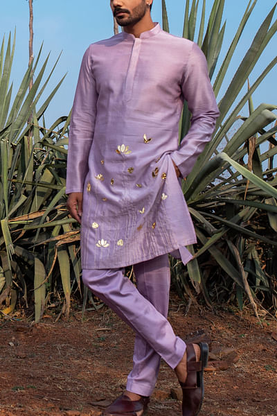 Lavender lotus motif embroidery kurta set