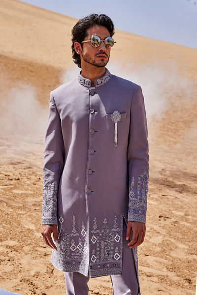 Lavender pearl and thread embroidery sherwani set