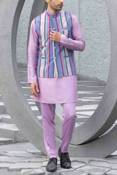 Lavender stripe print bandi kurta set