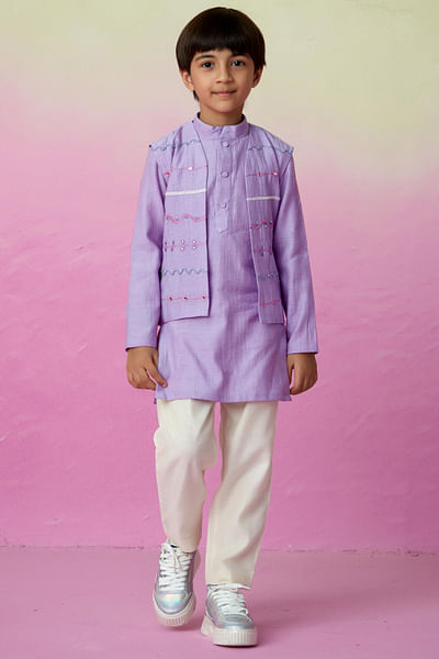 Lavender thread embroidery jacket kurta set