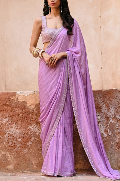 Lavender zardozi embroidery sequinned sari set