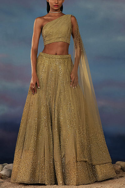 Leaf green 3D embellished and cord detailed one-shoulder lehenga set