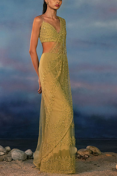 Leaf green 3D embellished pre-stitched draped sari set