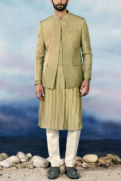 Leaf green embellished bandhgala set