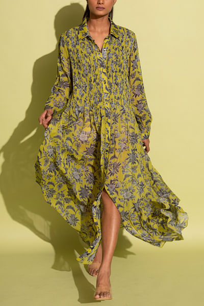 Lemon and grey floral print shirt dress
