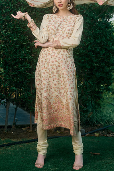 Lemon floral and paisley woven kurta set